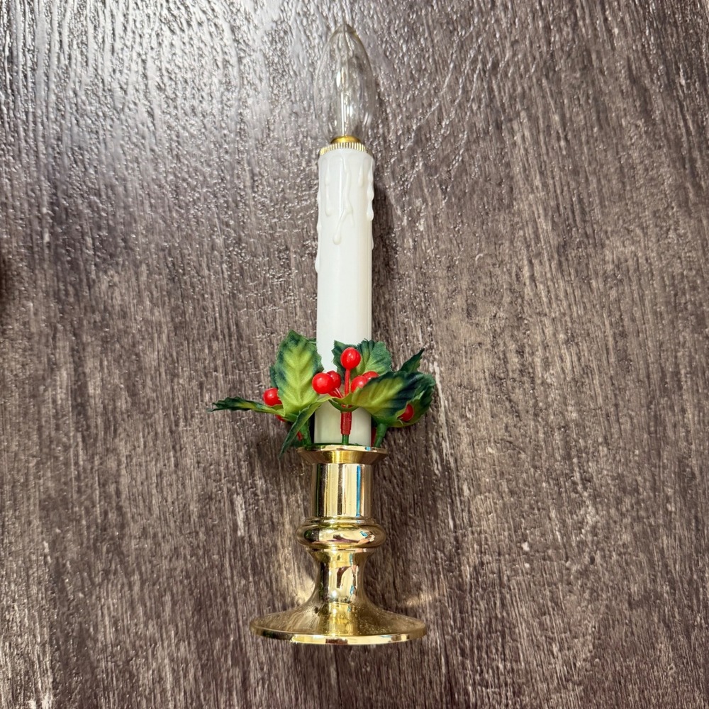 Noma Battery Operated Candle Unisex 9 Inch Gold White Holly Berry Vintage 1518